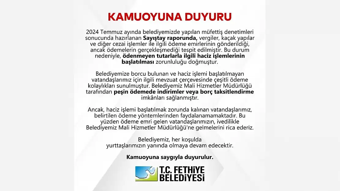 Fethiye Belediyesi'nden Borcu Bulunanlara Açıklama