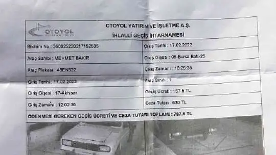 2 yıldır kullanmadığı aracına otoyol geçiş ücreti geldi