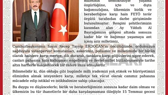 Başkan Karaman'ın '15 Temmuz Demokrasi ve Milli Birlik Günü' Mesajı