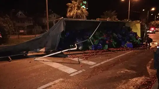 Fethiye'de devrilen domates yüklü kamyonun sürücüsü yaralandı