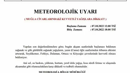 METEOROLOJİ'DEN MUĞLA İÇİN 'SARI' KODLU UYARI