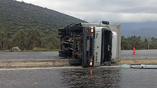 Milas'ta kontrolden çıkan kamyon yola devrildi