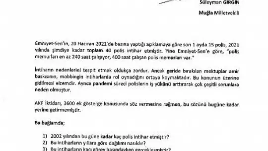 CHP'li Girgin: 'Polisler neden intihar ediyor? Neden ayda 400 saat çalışıyor?'