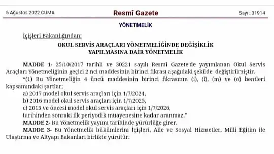 OKUL SERVİSLERİNE YÖNELİK YENİ KARAR