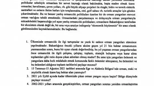 CHP'li Özcan'dan Tarım ve Orman Bakanına orman yangınları ile ilgili 41 soru