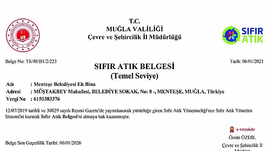 Menteşe Belediyesine Sıfır Atık Belgesi