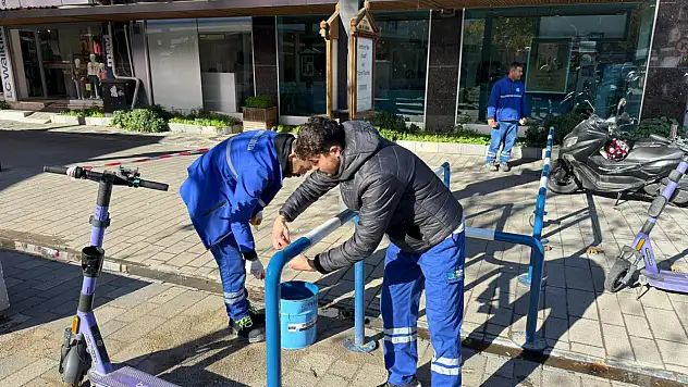 Fethiye Belediyesi'nden bariyerlere bakım ve boya çalışması