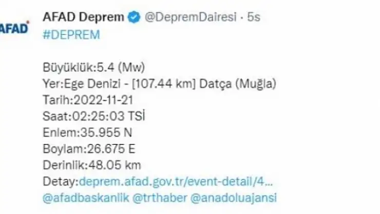 DATÇA 5.4 BÜYÜKLÜĞÜNDE DEPREMLE SALLANDI