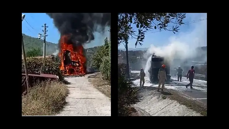 Yatağan'da hafriyat yüklü kamyon alevlere teslim oldu