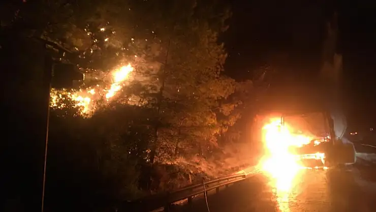 Yolcu otobüsünde başlayan yangın ormana sıçradı