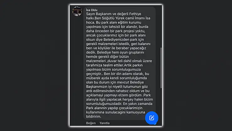 Yürek Mahallesi'ndeki Oyun Parkı İçin Mahalle İmamından Açıklama