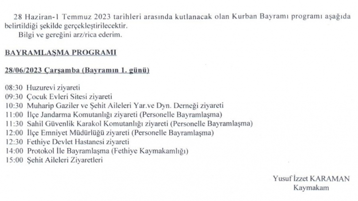 Kaymakam'ın Kurban Bayramı Programı Belli Oldu